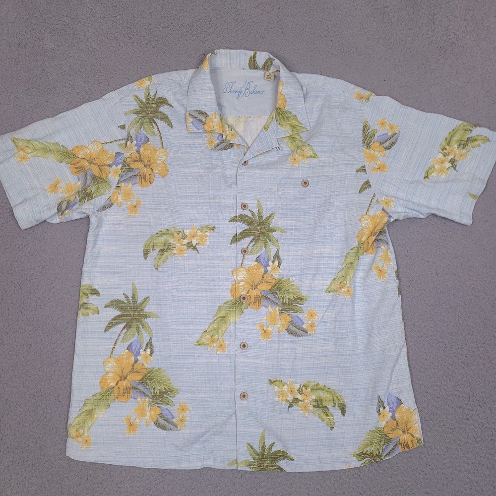Tommy Bahama Mens XL Silk Hawaiian Shirt Blue Palm Tree‎ Hibiscus Floral Camp